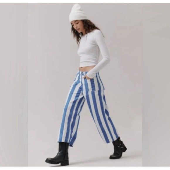 BDG Joey Striped Straight Leg Pants Blue White Wide Crop Sz 28 Urban Out NWT - Picture 2 of 11
